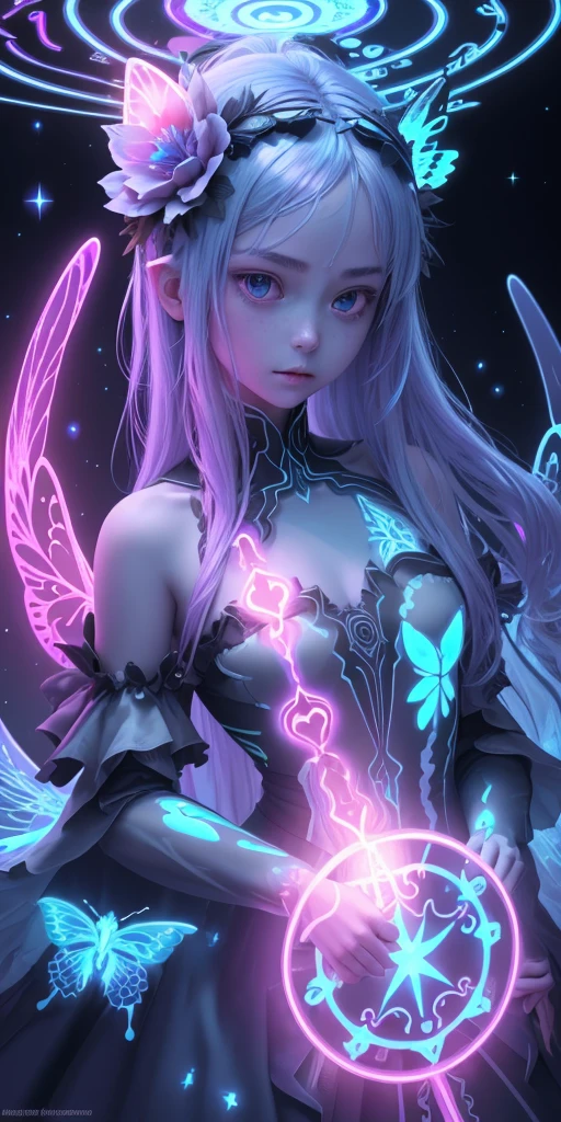 Ridiculous , high resolution, Super detailed, (1 girl:1.3), rest, fantasy dress, headgear, rest, light role, Dark persona, mind control, Fractal, whole body, Ceiling board, artistic background, blue bioluminescence, Geometric, organic, bless, favor, sublime, sublimation, noble, Expand, untie, anti-gravity, antimatter, guardian angel, holy, sacred, lolita, dignified, red bioluminescence, flower, Holographic wings, on the magic circle, Photon, Butterfly, scales, galaxy, Piccolo,