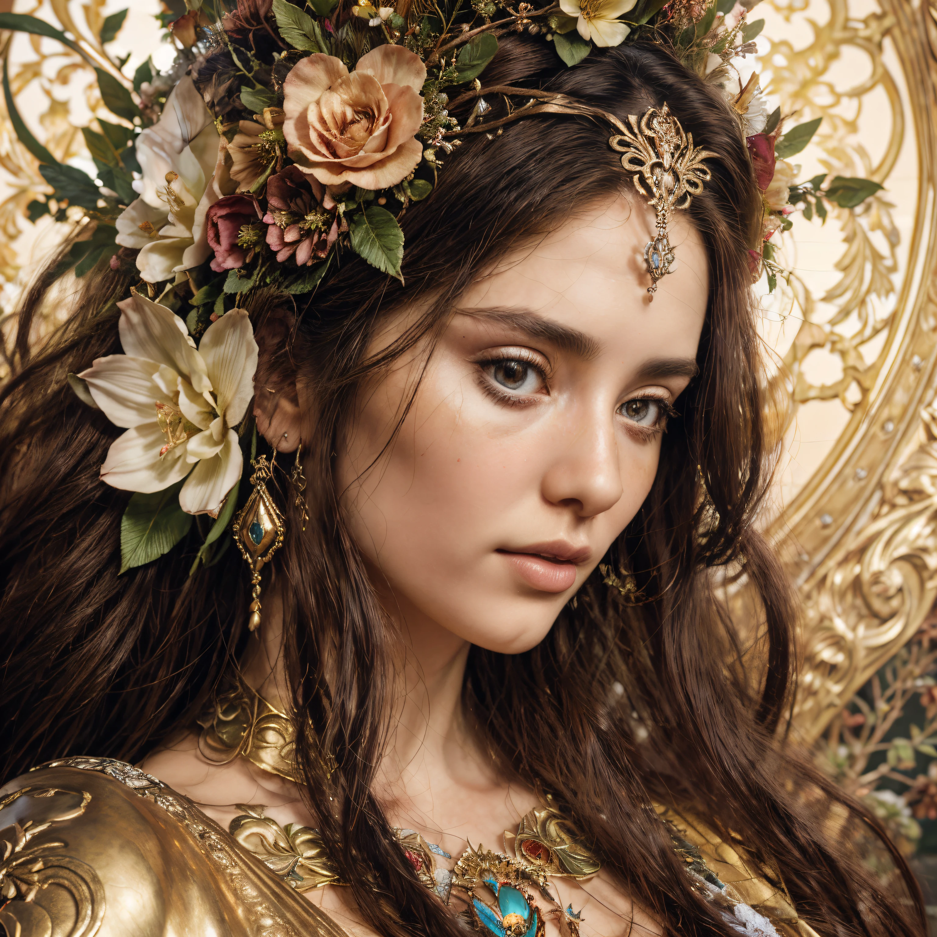 a close-up of a statue of a woman with flowers, karol bak uhd, Art Nouveau hiperrealista, estilo de karol bak, sculpture of Persephone, persephone as deusa of death, deusa. detalhes extremamente altos, bela figura detalhada, yoshitakka amano karol bak, linda donzela, Amano e Karol Bak