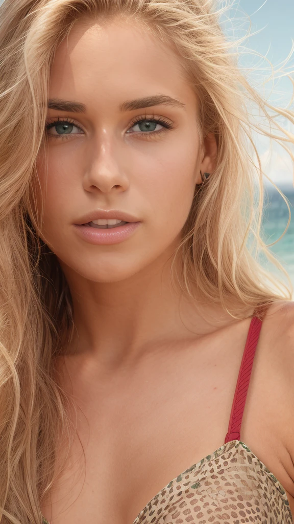 A beautiful thin girl with long blonde hair, in the beach wearing a colorful bikini, Hot thin body flat belly big boob's, beautiful realistic