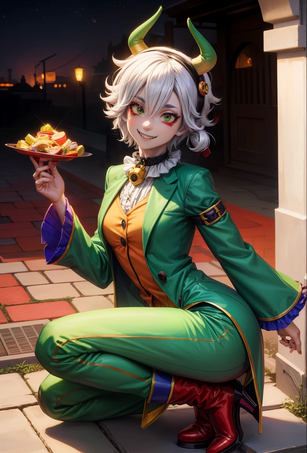 anime style, jester man, green jester outfit, clown, painted face, macabre smile, red boots, mysterious, the night, perfect face, well defined face, detailed face