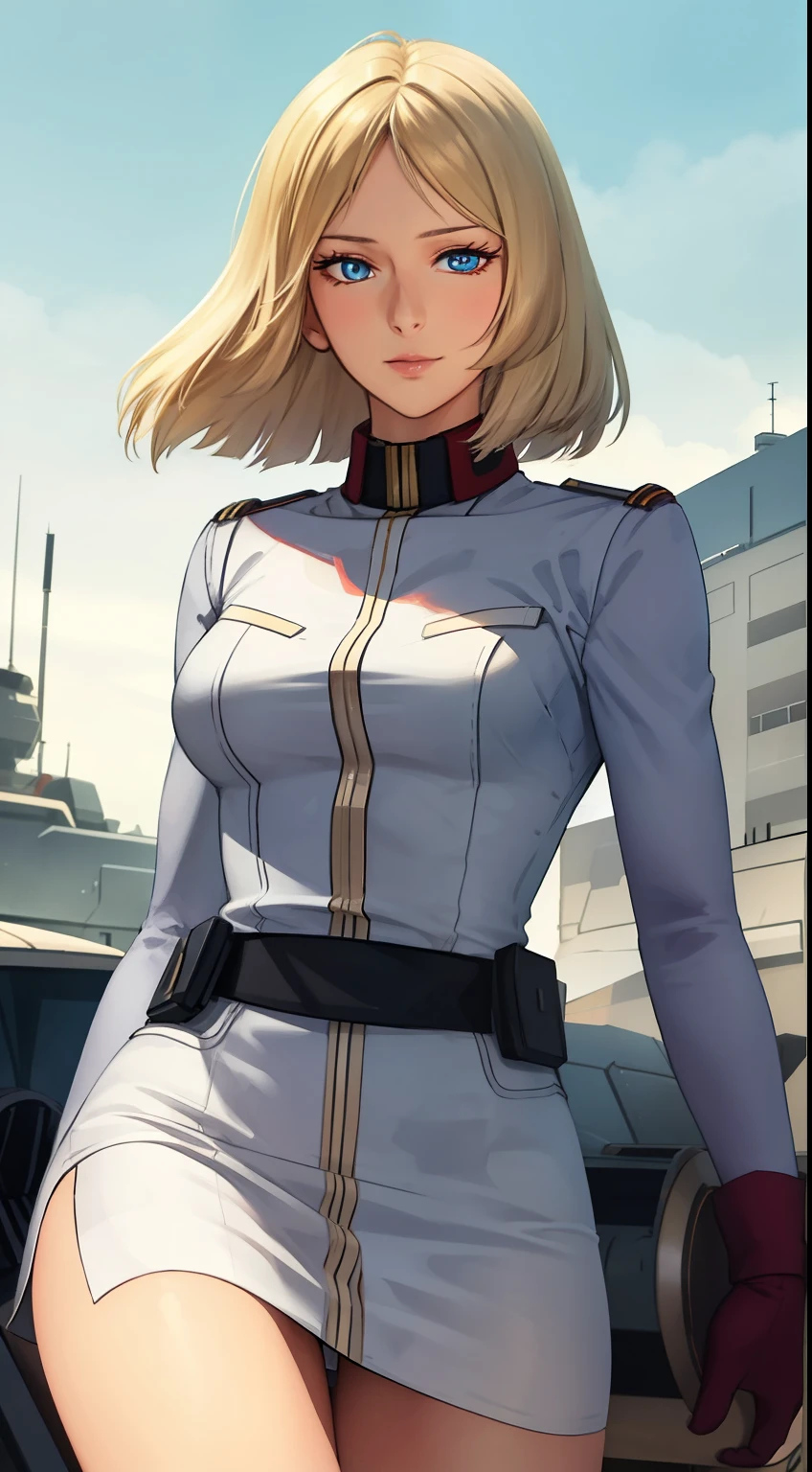 One Girl, Sayla Mass with long hair, elegant, Tabletop, Complex, 超ミニskirt、Beautiful thighs、（I can see her white panties:1.3）federal army uniform、Realistic, highest quality, Absurd, High facial detail, Perfect Eyes, 18-year-old, Cowboy Shot, realization、, Vibrant colors, White Uniform, skirt