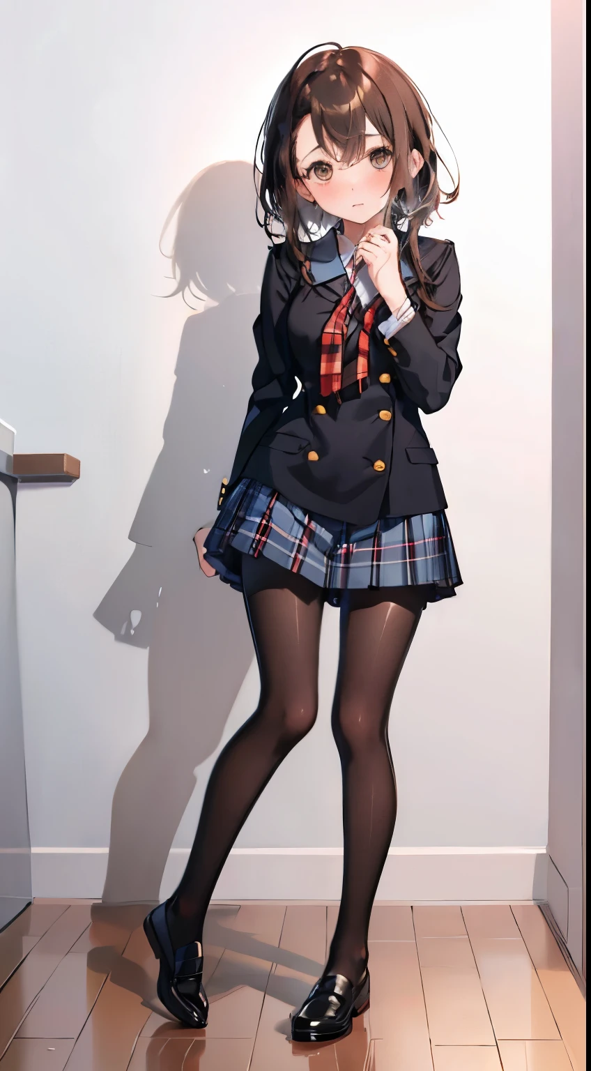 finest, masterpiece, High resolution, (Full body view from head to toe), Composition from slightly below the front, Symmetrical, 18 years old, slim and beautiful girl, alone, (small breasts), (not wearing shoes),Unkempt brown hair, bangs, (black tights), (black pantyhose), tied up with both arms hidden behind the back, , blush, shy big eyes, looking at camera, blazer uniform, plaid pleated skirt、Panties around ankles、Black knee-high socks