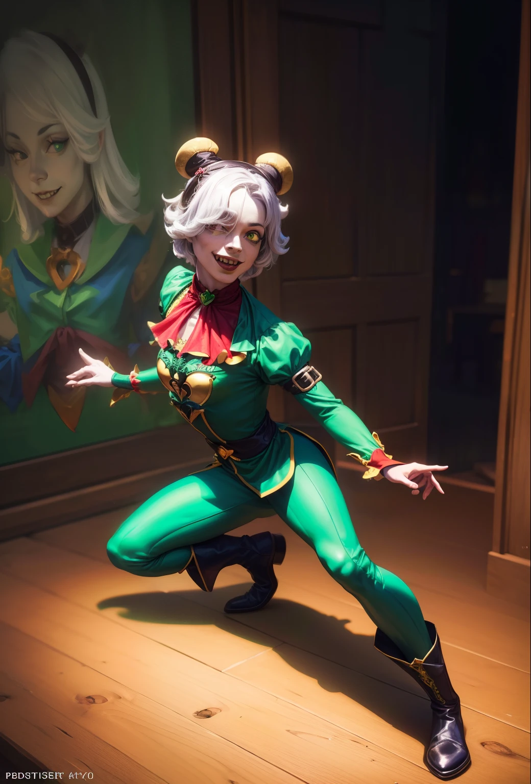 a jester man in a green jester outfit, painted face with a macabre smile, red boots, mysterious, the night, (best quality,4k,8k,highres,masterpiece:1.2),ultra-detailed,(realistic,photorealistic,photo-realistic:1.37),intricate details, dynamic pose, dramatic lighting, saturated colors, dark fantasy, anime style, surreal, cinematic