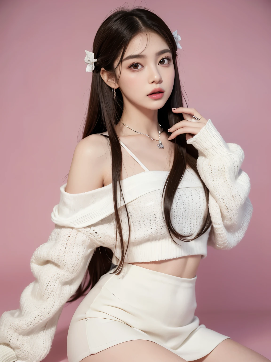 Kim Jennie with white brown hair, con rulos en las puntas, with two bows on each side of the hair, all her hair white brown, with a star clip in her white brown hair, ojos de color claro, ojos bonitos, ojos llorosos, nariz bonita y respingada, nariz lloroso, labios bonitos, labios rosas, heart and cupid shaped lip, piel bonita, pale, piel blanca, con lunares y pecas en todo el rostro, rubor rosa suave en las mejilla, rubor rosa natural, maquillaje suave y rosa, jennie, cuello bonito, cuello marcado, frown, mirada tierna, con un collar de beso, un collar bonito de beso, parecido a Yumeko Jabami, mientras lleva puesto un Crochet YK2, de lana, with a YK2 style brown mini skirt, mientras lleva una casaca con estampados de ositos, mientras tiene el abdomen desnudo, delgado, marcado y bonito, (pechos grandes, pechos suaves, pechos bonitos), mientras esta haciendo cospaly del personaje Yumeko Jabami, del anime Kakegurui, mirando a la camara