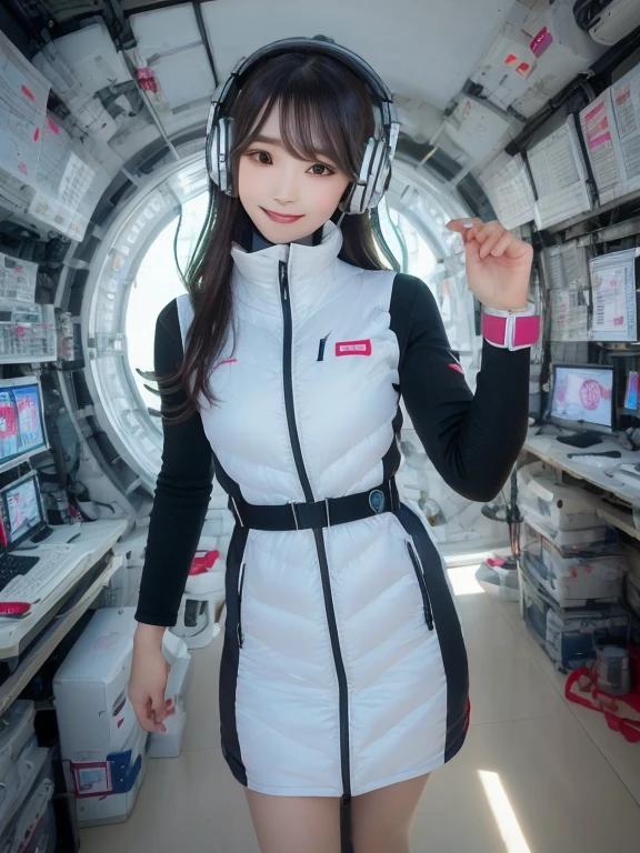 masterpiece, highest quality, Very detailed, 8K Portrait,Japanese Android Girl,plump , Control panel,Robotic arms and legs, Blunt bangs,,break (Metallic Gray, Metallic luster, Mirror finish, Astro Best):5,headphone:5,break (Black sleeves):100,Smart Watches,Futuristic space station,Control Room,break headphone,blue eyes,(Black Hair):2,(Long Hair):1.3,View the viewer,(respirator),break blush:3,Hidden Hand,smile