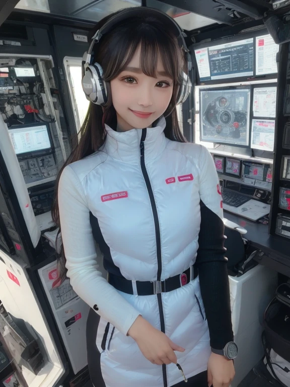 masterpiece, highest quality, Very detailed, 8K Portrait,Japanese Android Girl,plump , Control panel,Robotic arms and legs, Blunt bangs,,break (Metallic Gray, Metallic luster, Mirror finish, Astro Best):5,headphone:5,break (Black sleeves):100,Smart Watches,Futuristic space station,Control Room,break headphone,blue eyes,(Black Hair):2,(Long Hair):1.3,View the viewer,(respirator),break blush:3,Hidden Hand,smile