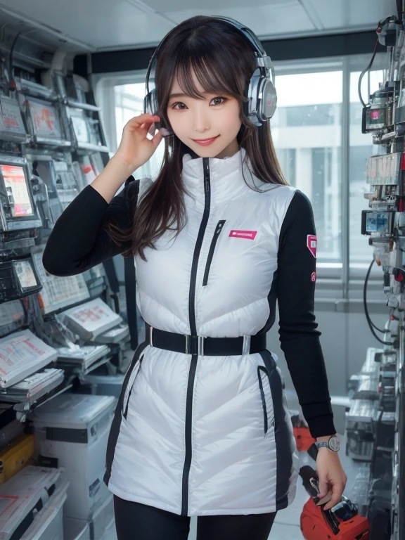 masterpiece, highest quality, Very detailed, 8K Portrait,Japanese Android Girl,plump , Control panel,Robotic arms and legs, Blunt bangs,,break (Metallic Gray, Metallic luster, Mirror finish, Astro Best):5,headphone:5,break (Black sleeves):100,Smart Watches,Futuristic space station,Control Room,break headphone,blue eyes,(Black Hair):2,(Long Hair):1.3,View the viewer,(respirator),break blush:3,Hidden Hand,smile