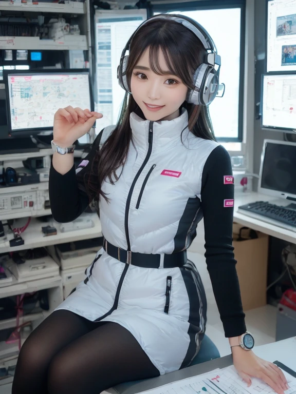 masterpiece, highest quality, Very detailed, 8K Portrait,Japanese Android Girl,plump , Control panel,Robotic arms and legs, Blunt bangs,,break (Metallic Gray, Metallic luster, Mirror finish, Astro Best):5,headphone:5,break (Black sleeves):100,Smart Watches,Futuristic space station,Control Room,break headphone,blue eyes,(Black Hair):2,(Long Hair):1.3,View the viewer,(respirator),break blush:3,Hidden Hand,smile