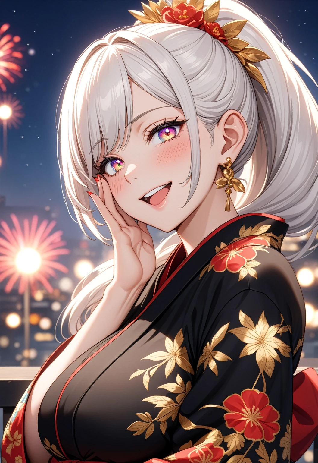((one personの女性)), Beautiful Face,Laughing embarrassedly,((Wink:2.0)),Laughing with your mouth open,((Bright red cheeks:1.3)),Glossy pink lips,night,rooftop,firework,((Anime style background)),masterpiece, highest quality, so beautiful, Latest, Complex details, (Pink long nails),(ring),AI-generated, Complex,High resolution, highest quality, super high quality,3D Images、View your viewers、3D Images,one person,Long white hair,High Ponytail,blue eyes,Anime woman posing for a photo, ((Fine grain、Platinum colorful eyes、Shining Eyes:1.4)),(Squint your eyes:1.1),a hyperRealistic , hyperRealistic , Realistic,Anime woman with long and white hair, Smooth anime CG art, A woman in a colorful kimono with gold embroidery, (Black kimono),Red floral pattern,Long flower hair ornament,Big earrings,Mature Body,(Big Breasts:1.1),Tall,Big Ass,Fine details,Narrow waist,Abdominal muscles,(Face close-up:1.5),(Hide your mouth with both hands)