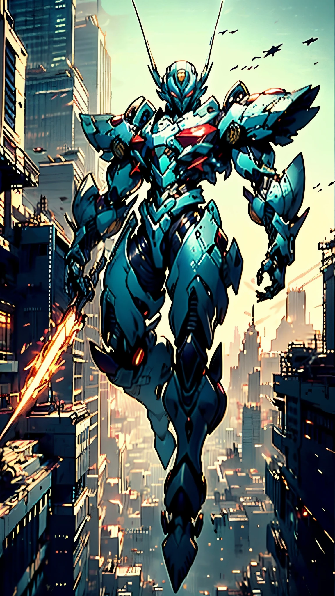 Humanoid Mecha, fully enclosed shoulder guards, matching arm and leg guards, full body, full armor, the design balances heavy with agility, (the color scheme is primarily white with red and blue accents, the concept Inspired by Super robot, organic biotech armor, standing, floating high above the futuristic sci-fi city), exquisite and mature art style, (aura effect, energy, glowing eyes, the armor glows), ((SRS)), metallic, dynamic, dramatic, high definition, best quality, highres, ultra-detailed, ultra-fine painting, extremely delicate, professional, perfect body proportions, anatomically correct, symmetrical face, extremely detailed eyes and face, high quality eyes, creativity, RAW photo, UHD, 32k, Natural light, cinematic lighting, masterpiece-anatomy-perfect, masterpiece:1.5