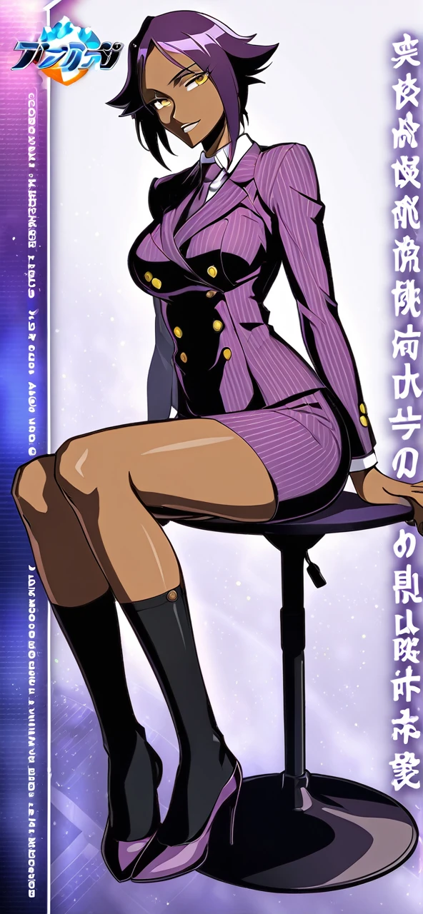  Full body Yoruichi as a thin Black business woman in a double breasted pinstripe purple  skirt suit while wearing a tie with a very long purple pinstripe skirt that covers the legs and with long black knee socks full art and make her sit down also give her thin legs and purple heels