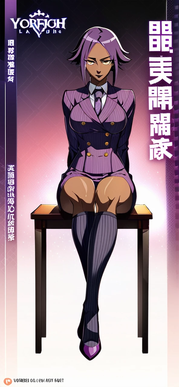  Full body Yoruichi as a thin Black business woman in a double breasted pinstripe purple  skirt suit while wearing a tie with a very long purple pinstripe skirt that covers the legs and with long black knee socks full art and make her sit down also give her thin legs and purple heels