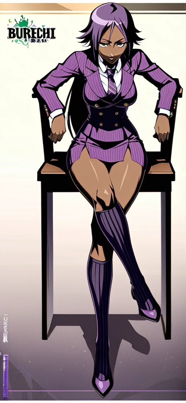 Full body Yoruichi as a thin Black business woman in a double breasted pinstripe purple skirt suit while wearing a tie with a very long purple pinstripe skirt that covers the legs and with long black knee socks full art and make her sit down also give her thin legs and purple heels