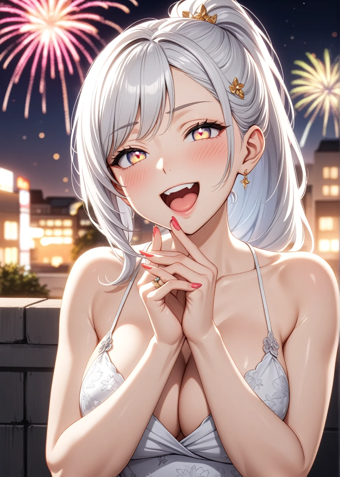 ((one personの女性)), Beautiful Face,Laughing embarrassedly,Laughing with your mouth open,((Wink:2.0)),(Bright red cheeks),Glossy pink lips,night,rooftop,firework,((Anime style background)),masterpiece, highest quality, so beautiful, Latest, Complex details, (Pink long nails),(ring),AI-generated, Complex,High resolution, highest quality, super high quality,3D Images、View your viewers、3D Images,one person,Long white hair,High Ponytail,blue eyes,Anime woman posing for a photo, ((Fine grain、Platinum colorful eyes、Shining Eyes:1.4)),(Squint your eyes:1.1),a hyperRealistic , hyperRealistic , Realistic,Anime woman with long and white hair, Smooth anime CG art, A woman in a colorful kimono with gold embroidery, (White kimono),Red floral pattern,Long flower hair ornament,Big earrings,Mature Body,(Big Breasts:1.2),Tall,Big Ass,Fine details,Narrow waist,Abdominal muscles,(Face close-up:1.2),(A woman clasping their hands in front of their mouth with a delighted expression),