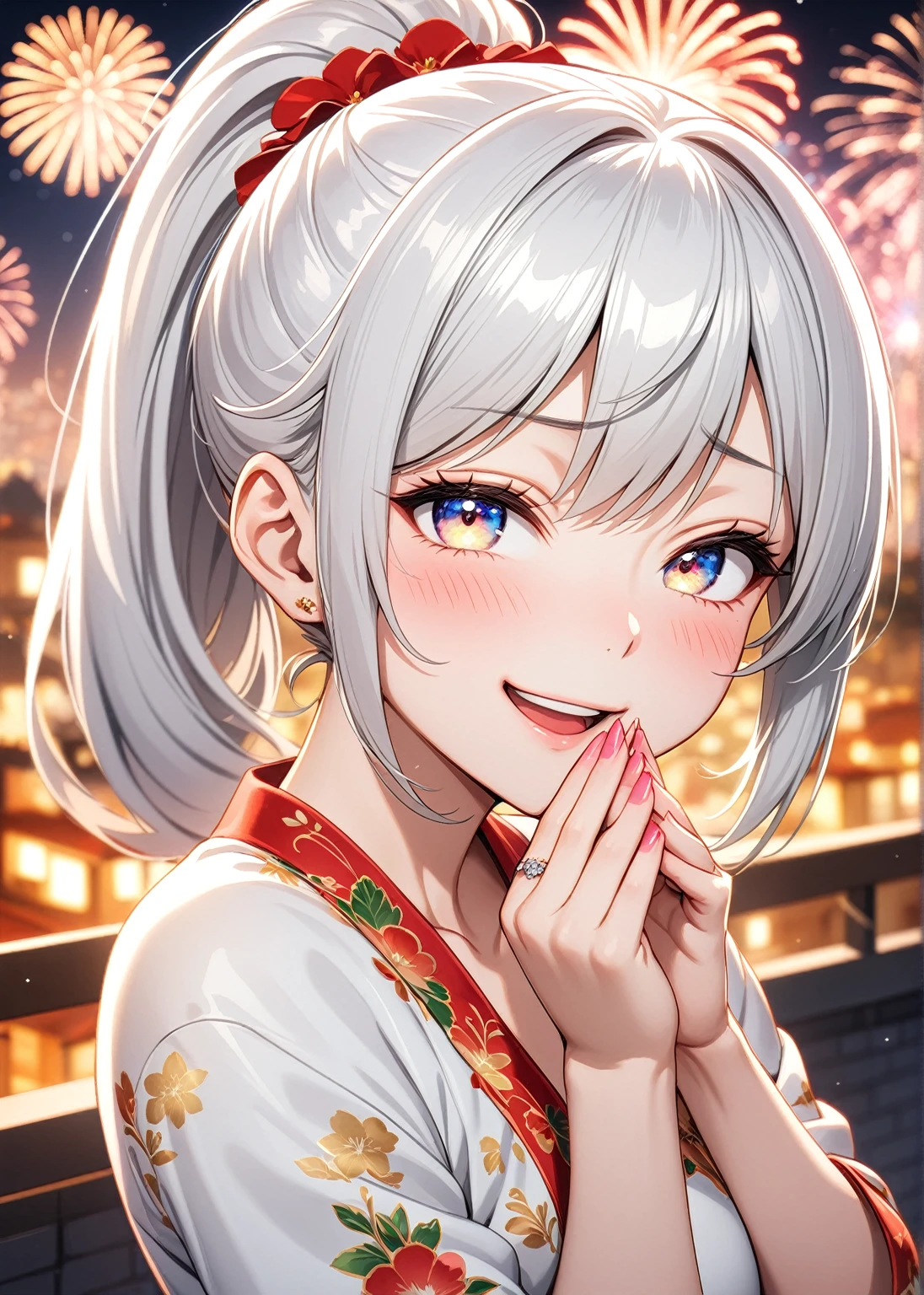 ((one personの女性)), Beautiful Face,Laughing embarrassedly,Laughing with your mouth open,((Wink:2.0)),(Bright red cheeks),Glossy pink lips,night,rooftop,firework,((Anime style background)),masterpiece, highest quality, so beautiful, Latest, Complex details, (Pink long nails),(ring),AI-generated, Complex,High resolution, highest quality, super high quality,3D Images、View your viewers、3D Images,one person,Long white hair,High Ponytail,blue eyes,Anime woman posing for a photo, ((Fine grain、Platinum colorful eyes、Shining Eyes:1.4)),(Squint your eyes:1.1),a hyperRealistic , hyperRealistic , Realistic,Anime woman with long and white hair, Smooth anime CG art, A woman in a colorful kimono with gold embroidery, (White kimono),Red floral pattern,Long flower hair ornament,Big earrings,Mature Body,(Big Breasts:1.2),Tall,Big Ass,Fine details,Narrow waist,Abdominal muscles,(Face close-up:1.2),(A woman clasping their hands in front of their mouth with a delighted expression),