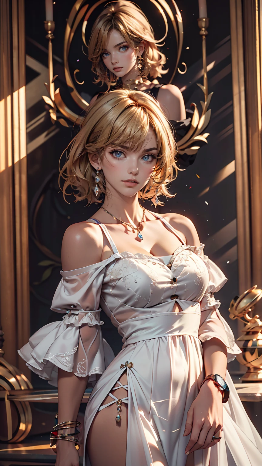 (8K, RAW Photos, highest quality, masterpiece:1.2), (Realistic, photo-Realistic:1.37)、Venus Body、Having her hair done、My chest is popping out、Wear accessories on your wrist、Wearing accessories on the ankle、smile、White woman、Platinum Blonde、blue eyes、Two Side Up((hair two side up))、Wear a sheer off-the-shoulder dress、Wear mules、smile