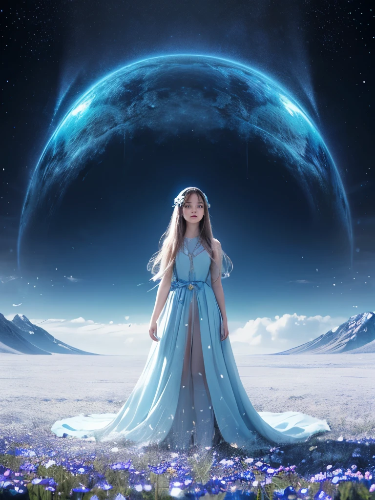 (Absurd, High resolution, Super detailed, 超High resolution, Cinematic), alone, One girl, mature, happiness, A girl is standing, Light blue flower field, Light blue flower petal surrounding girl, whole body, Girl with blue long hair, Light blueの髪の毛, Fantasy, dream-like, the snow&#39;s, Official Art, Pop Art, profile, Super detailed face, Super detailed eyes, Light blue flower field, Super detailed field, white blue sky, cold, Light blue, white,  Nebula in the sky, Blue Tree, watercolor, pastel colour, Ultra high definition, 超High resolution, Hyperrealistic:1.5, 8K Raw Photo:1.5, masterpiece, 