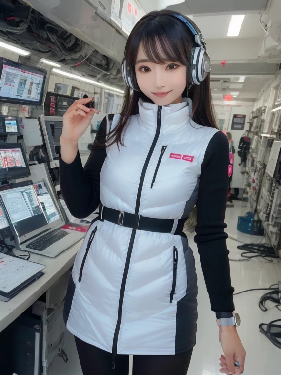 masterpiece, highest quality, Very detailed, 8K Portrait,Japanese Android Girl,plump , Control panel,Robotic arms and legs, Blunt bangs,,break (Metallic Gray, Metallic luster, Mirror finish, Astro Best):5,headphone:5,break (Black sleeves):100,Smart Watches,Futuristic space station,Control Room,break headphone,blue eyes,(Black Hair):2,(Long Hair):1.3,View the viewer,(respirator),break blush:3,Hidden Hand,smile