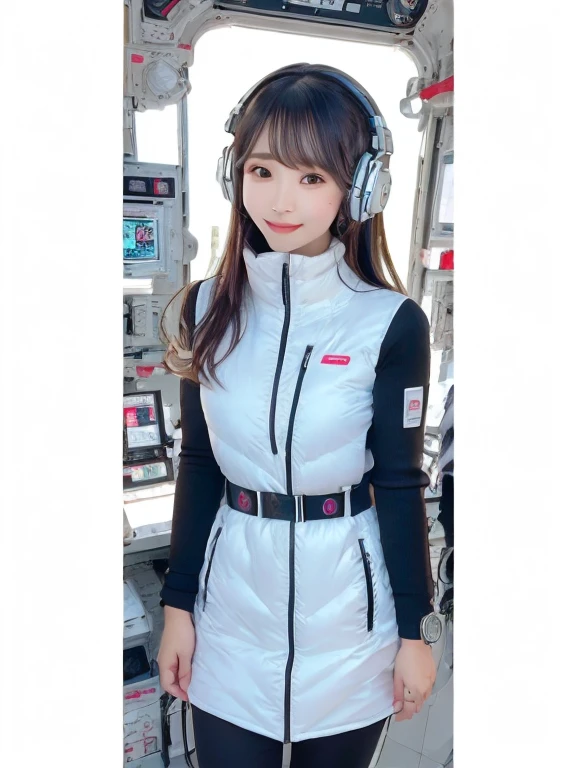masterpiece, highest quality, Very detailed, 8K Portrait,Japanese Android Girl,plump , Control panel,Robotic arms and legs, Blunt bangs,,break (Metallic Gray, Metallic luster, Mirror finish, Astro Best):5,headphone:5,break (Black sleeves):100,Smart Watches,Futuristic space station,Control Room,break headphone,blue eyes,(Black Hair):2,(Long Hair):1.3,View the viewer,(respirator),break blush:3,Hidden Hand,smile