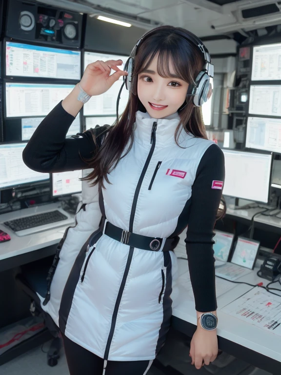 masterpiece, highest quality, Very detailed, 8K Portrait,Japanese Android Girl,plump , Control panel,Robotic arms and legs, Blunt bangs,,break (Metallic Gray, Metallic luster, Mirror finish, Astro Best):5,headphone:5,break (Black sleeves):100,Smart Watches,Futuristic space station,Control Room,break headphone,blue eyes,(Black Hair):2,(Long Hair):1.3,View the viewer,(respirator),break blush:3,Hidden Hand,smile