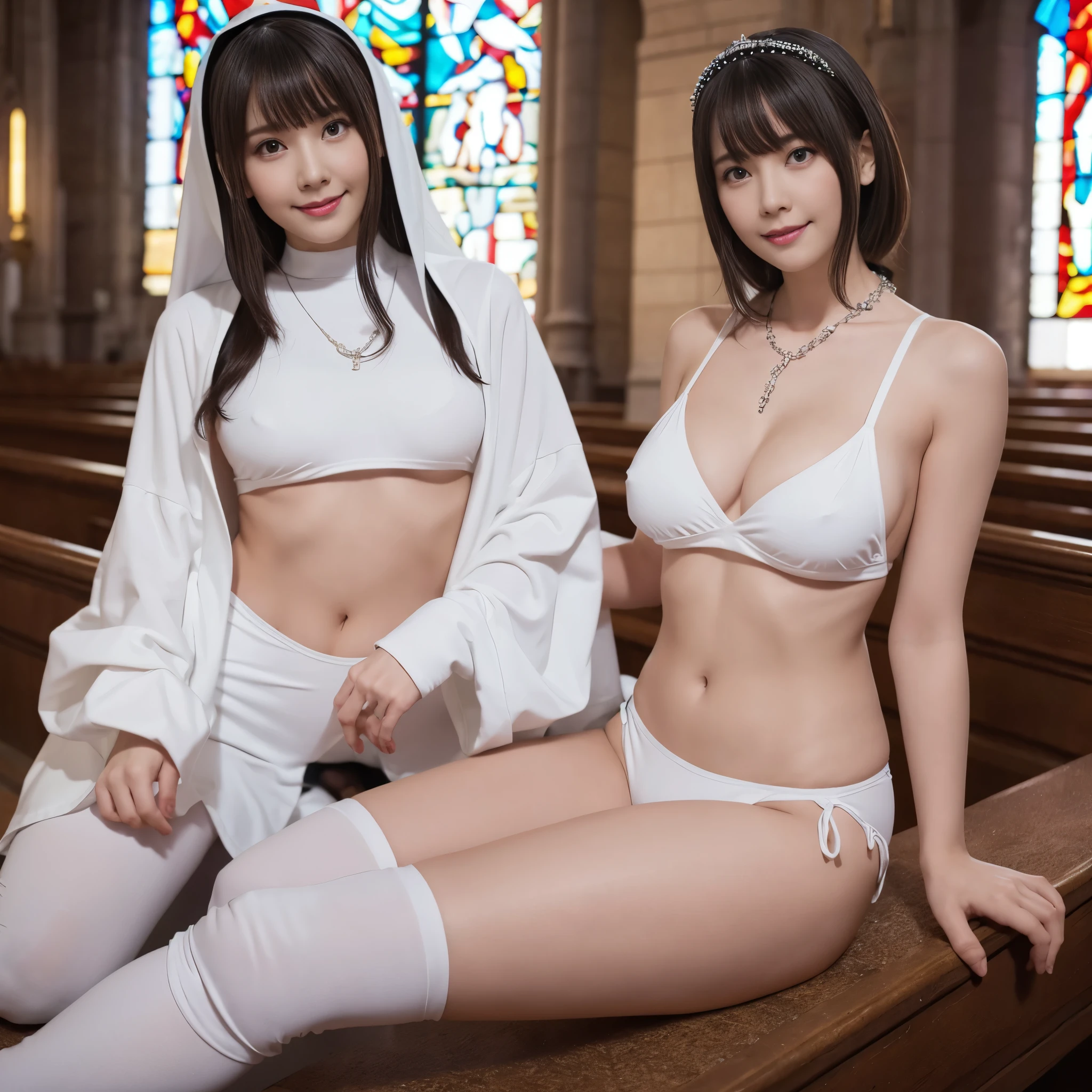 （nun headdress、High leg bikini、White bikini pants、Groin、Knee-high socks、ass、Black Hair、Big Ass、Inside the church at night、Buttocks clenching、belly button）、Extremely sexy、smile、rosary necklace、Are standing、Professional Lighting、Small waist、Beautiful adult woman、Captivating thighs、Very large breasts、Cleavage、Stained glass