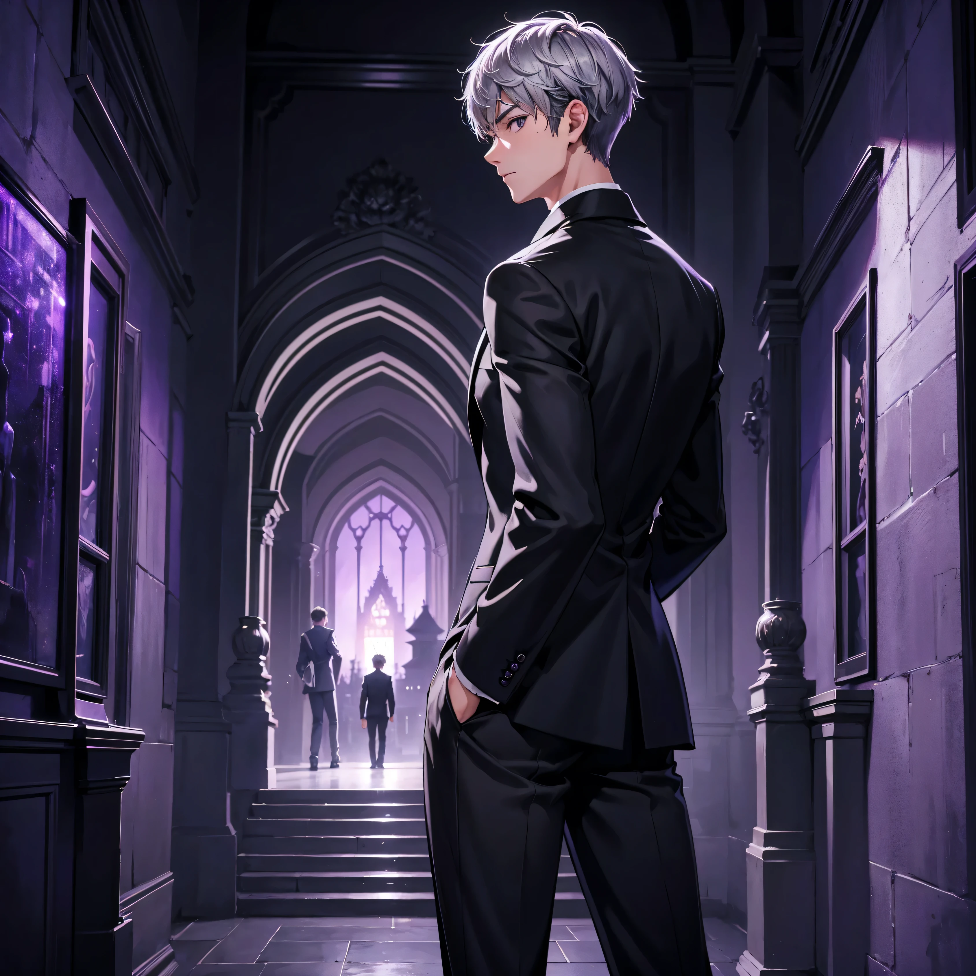 1boy, short grey hair, black eyes, wearing all black suit, castle with purple lights, midnight, dark purple lights, full moon, high res, ultrasharp, 8k, masterpiece, looking at viewer from behind