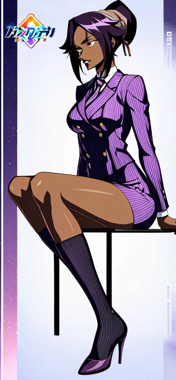  Full body Yoruichi as a thin Black business woman in a double breasted pinstripe purple  skirt suit while wearing a tie with a very long purple pinstripe skirt that covers the legs and with long black knee socks full art and make her sit down also give her thin legs and purple heels