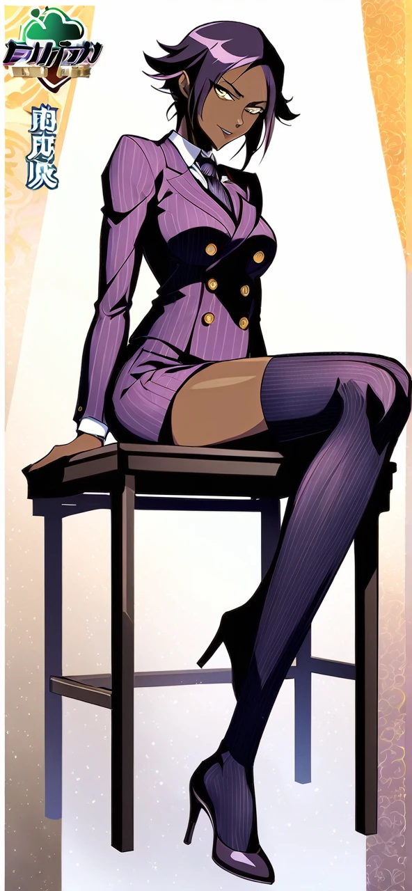  Full body Yoruichi as a thin Black business woman in a double breasted pinstripe purple  skirt suit while wearing a tie with a very long purple pinstripe skirt that covers the legs and with long black knee socks full art and make her sit down also give her thin legs and purple heels