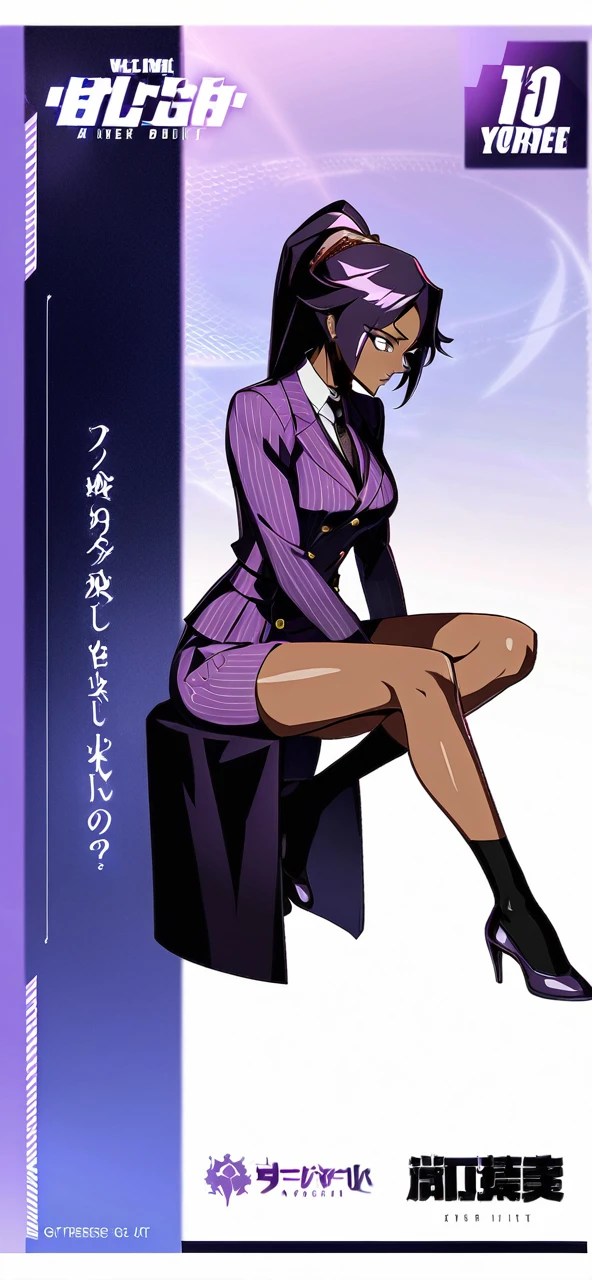  Full body Yoruichi as a thin Black business woman in a double breasted pinstripe purple  skirt suit while wearing a tie with a very long purple pinstripe skirt that covers the legs and with long black knee socks full art and make her sit down also give her thin legs and purple heels