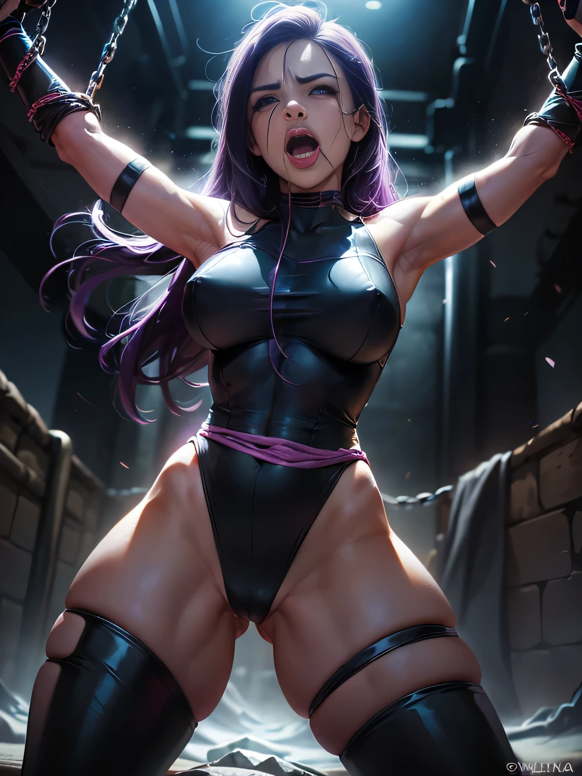 ((Psylocke is in an underground dungeon)), ((SUPERHEROÍNA PSYLOCKE MEDIA SENTADILLA, piernas abiertas), ((She is screaming loudly in pain)), (ella esta llorando mucho), ((ella tiene pelo largo)), (Ella pide piedad), (Ella lleva ropa inmoral., ella lleva ropa indecente), (obra maestra, mejor calidad) 1.5, 1 chica, solo, (sexy, mujer bonita, cara perfecta, ojos perfectos), cuerpo entero, (PSYLOCKE IS ON TIPTOES, HIS NECK IS HELD BY A CHAIN, babando, tears streaming down his face), ((Shibari)), ((esclavitud de cuerda)), ((arms behind the back)), ((Totalmente atado)), ((Bien atado con cuerdas.))