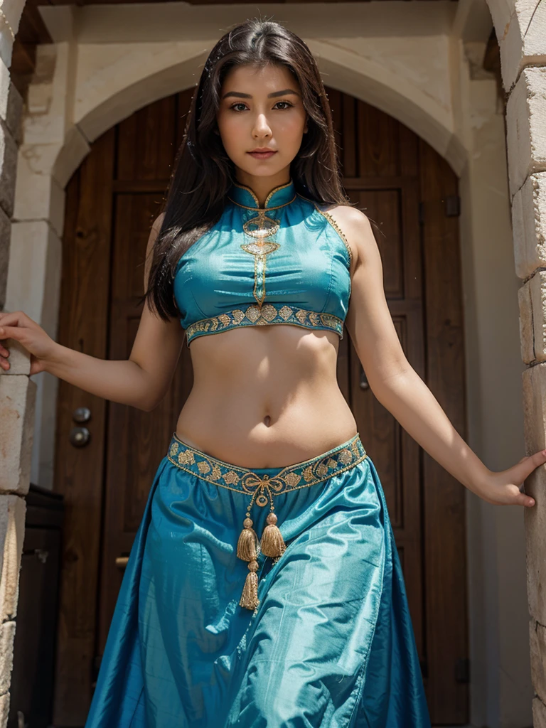 Turkic woman wearing traditional dress showing her belly 