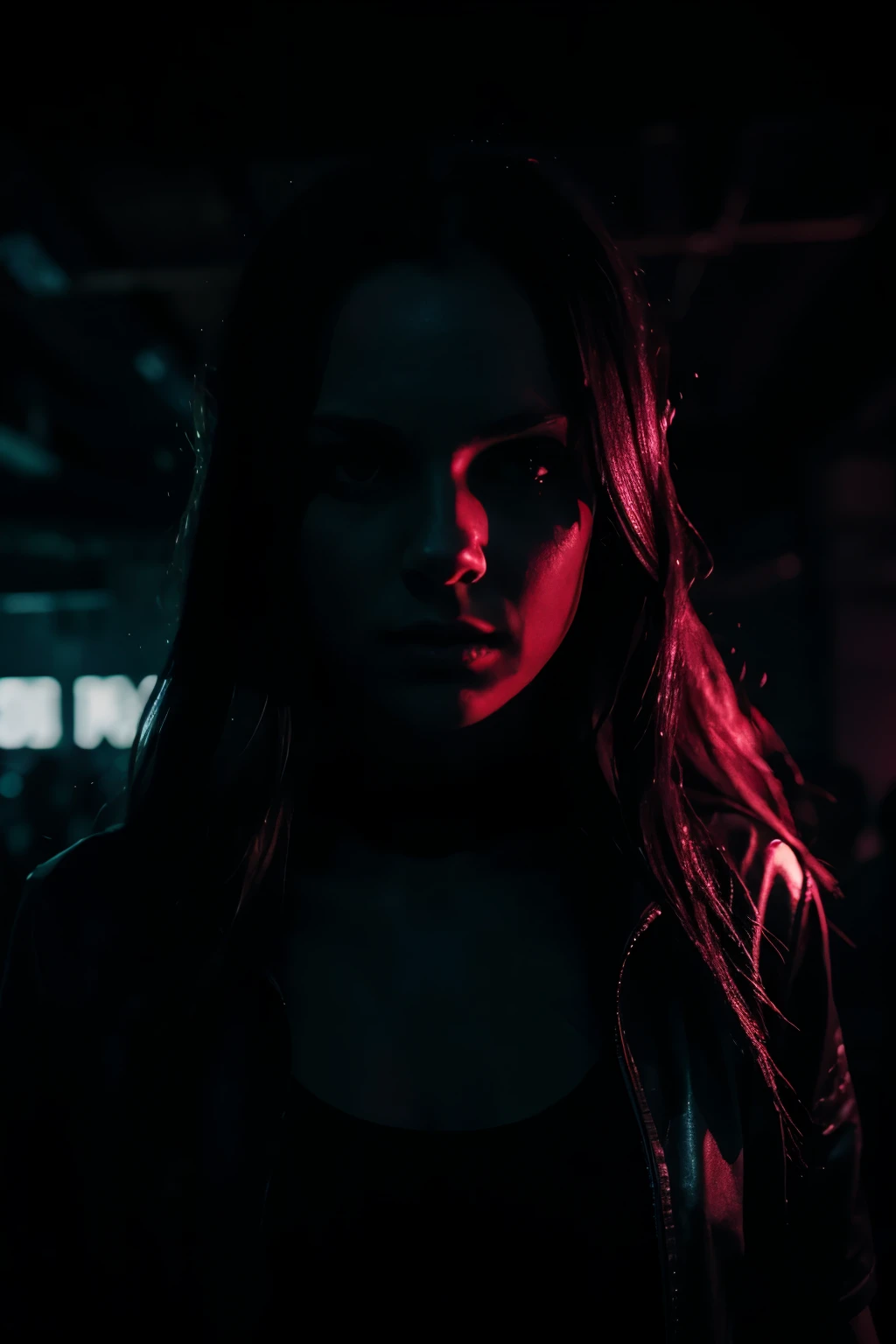 dark vibes , huge underground warehouse, techno raver, looking badass, no blur, 8k - night time - party time, no blurry eyes, female model