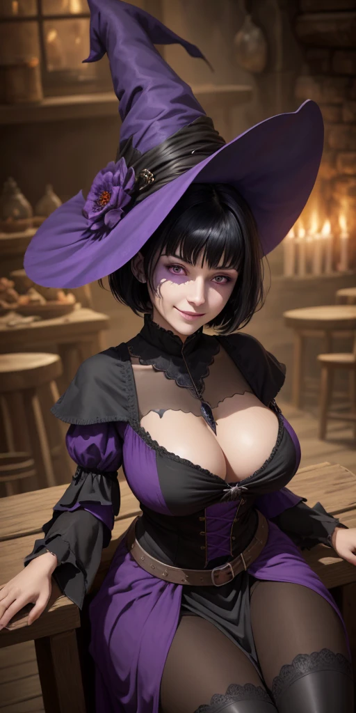 Beautiful Witch woman, with short black hair, Purple eyes, big bust, dressed witch clothes, sitting in a tavern smiling, Realistic, Full HD, Best Quality