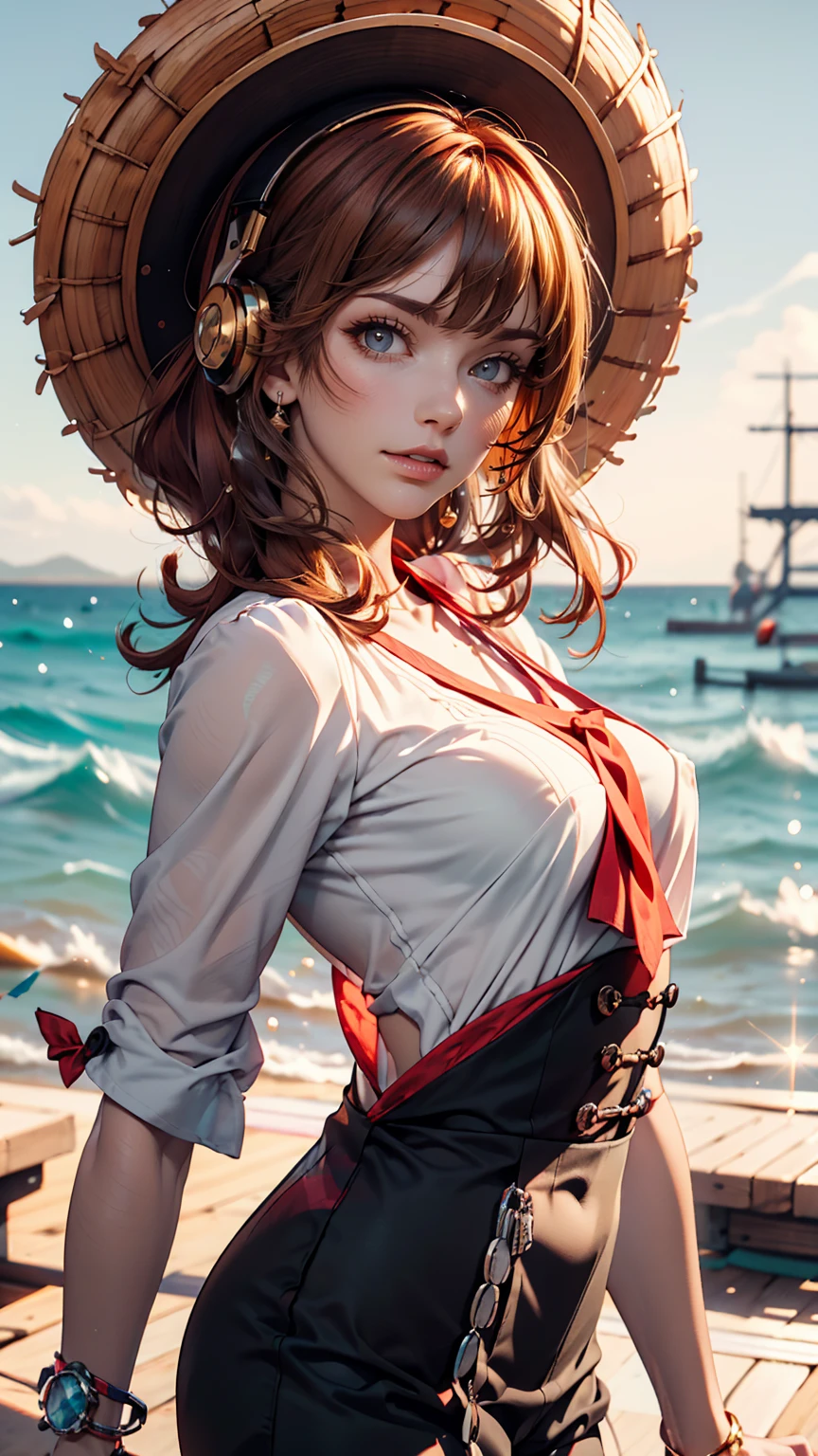 uta (one piece), There is eiichirou,, , One girl, :d, bangs, blue ribbon, diamond-shaped pupils, diamond (shape), Hair between the eyes, Headphones, Long Hair, multicoloRedhead, Open your mouth, Purple eyes, Redhead, ribbon, shirt, sign, No sleeve, No sleeve shirt, smile, alone, ((Split Color Hair)), symbol-shaped pupils, Gray Hair, white shirt, Ocean, One eye is covered, watercolor,, ,