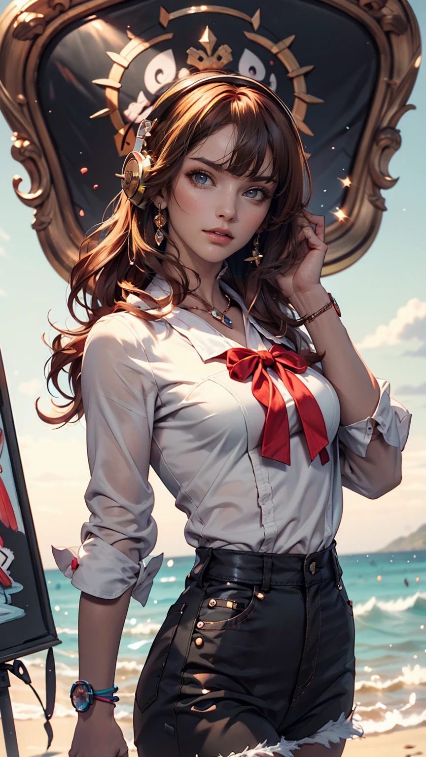 uta (one piece), There is eiichirou,, , One girl, :d, bangs, blue ribbon, diamond-shaped pupils, diamond (shape), Hair between the eyes, Headphones, Long Hair, multicoloRedhead, Open your mouth, Purple eyes, Redhead, ribbon, shirt, sign, No sleeve, No sleeve shirt, smile, alone, ((Split Color Hair)), symbol-shaped pupils, Gray Hair, white shirt, Ocean, One eye is covered, watercolor,, , 