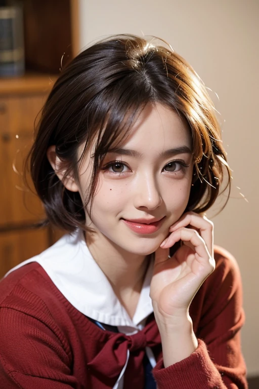 ((8k, highest quality, masterpiece、Realistic、Ultra-high resolution))、((Japanese women))、((Black Short Hair))、(Small breasts)、((thin thin eyebrows))、(((A mole in the corner of the eye)))、((Face is golden ratio))、smile、Town、((Beautiful Face))、Beautiful Eyes、Delicate face、Toned waist、(Sailor suit)、((school uniform))、School bag、((Cheek resting on hand))、Blowjob