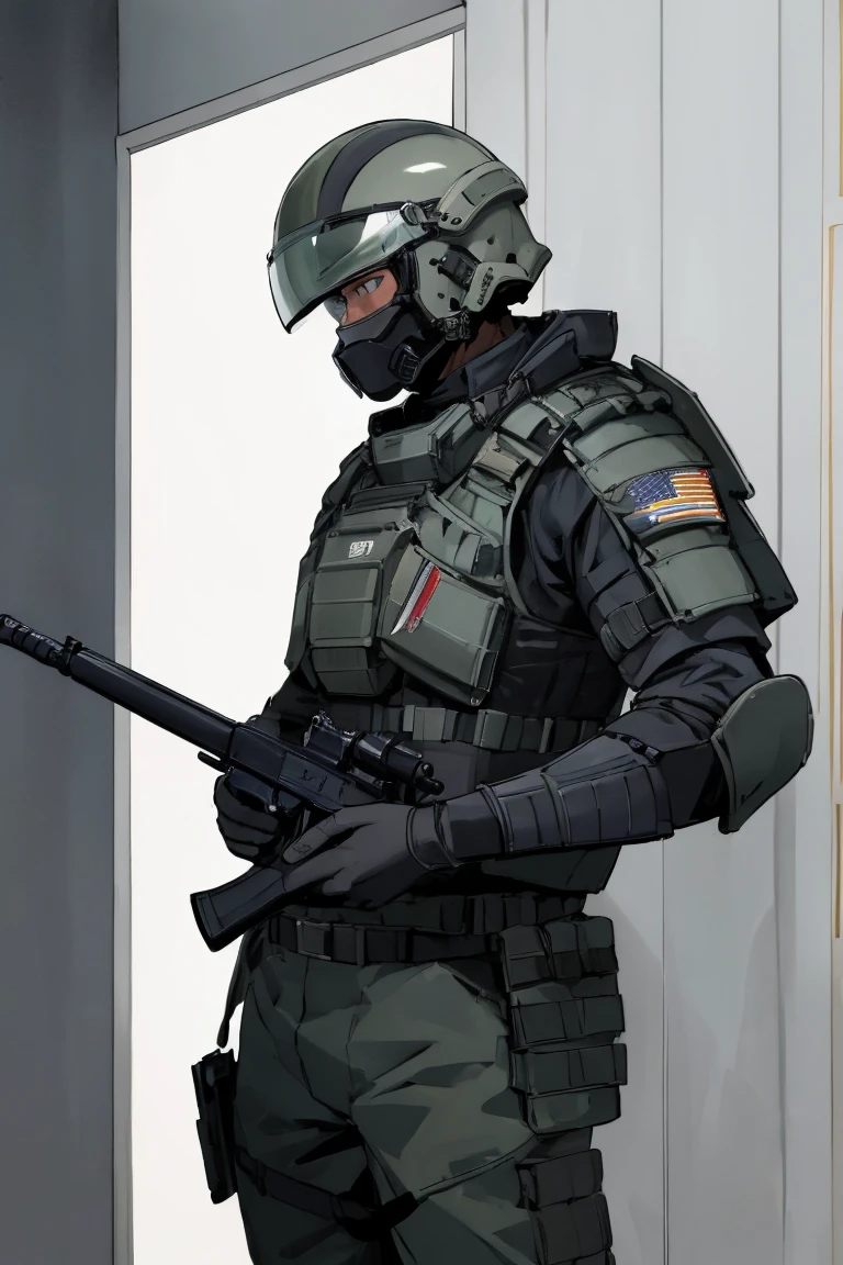 ((highest quality)), ((masterpiece)), (be familiar with),Body Armor,gun,Helmet,male,special forces,military