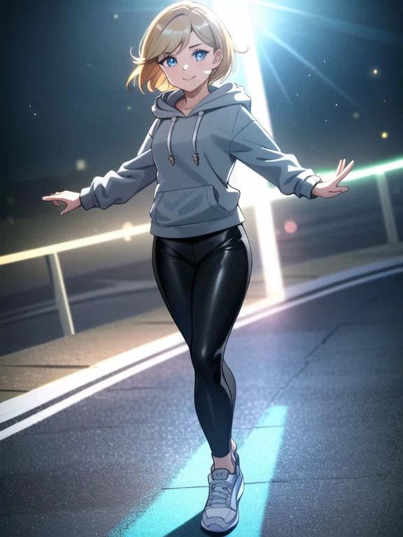 ((Masterpiece)), ((Best Quality)), (Detailed face:1.2), (Detailed eyes:1.2), (Detailed pupils:1.2), (Agile figure:1.2), Ultra High Resolution, HDR, absurderes, 8K, (1 girl), intricate details, ultra-detailed, dramatic lighting, solo, 1girl, 22 years old, short blonde hair, blue eyes, (Wearing: Grey hoodie, black shiny leggings, blue sneakers:1.2), gorgeous girl, gorgeous body, thrilled smile, daytime ambiance, lens flare, expressive eyes, lively atmosphere, joyful expression, impeccable makeup, glossy lips, twinkling eyes, whimsical feeling, standing,