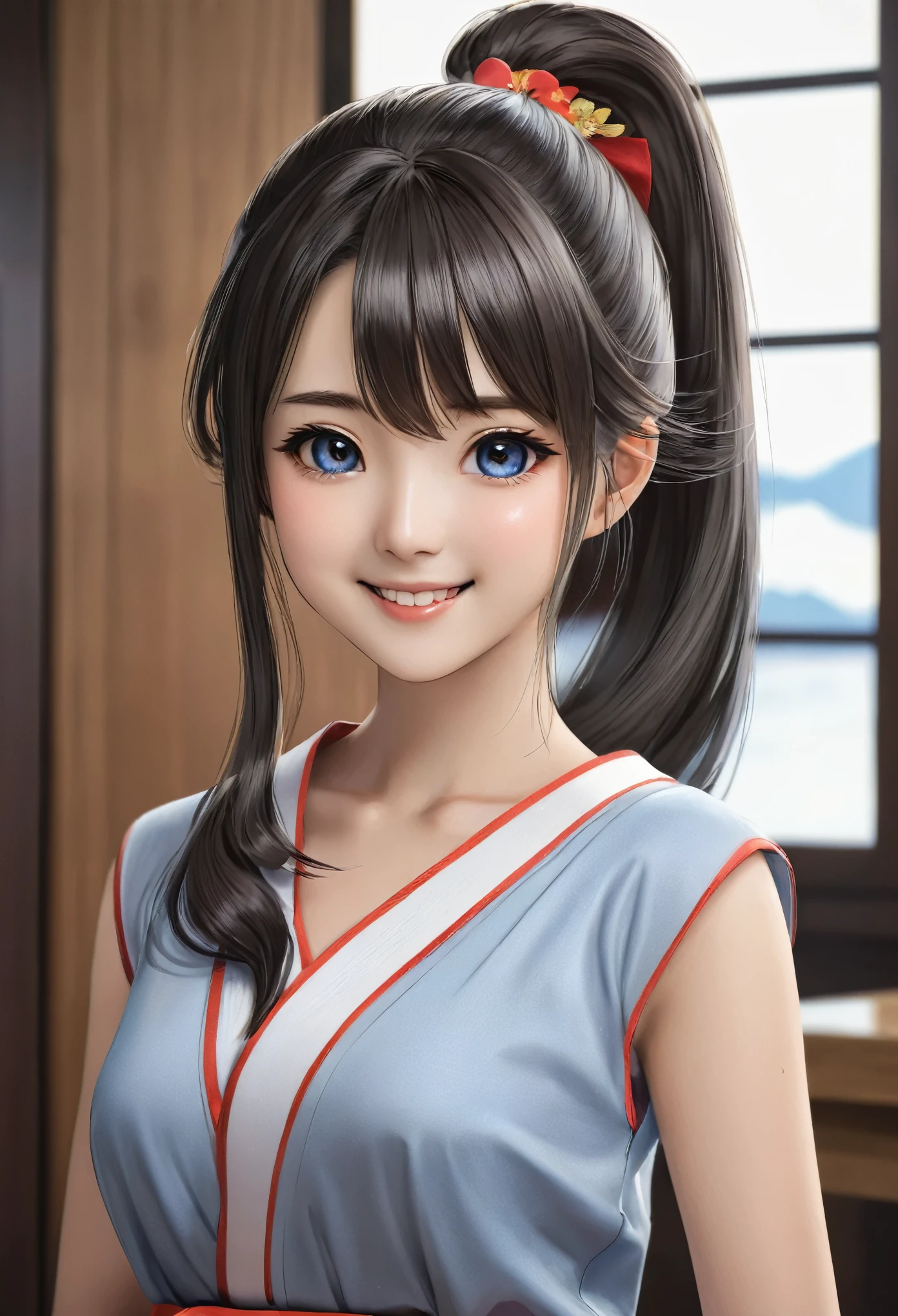 No sleeve, ponytail, Japanese Girls, 8K,  highest quality, masterpiece, Realistic, Photorealistic Super Detail, One Girl, cute, Best Smile, Beautiful Eyes, Long Hair, Perfect Face,Full Body Shot