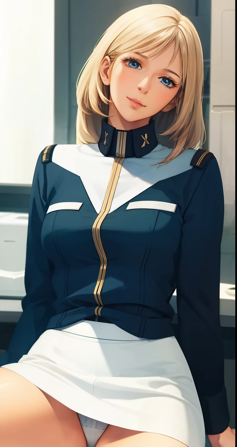One Girl, Sayla Mass with long hair, elegant, Tabletop, Complex spread legs,show white panties,超ミニskirt、Beautiful thighs、(I can see her white panties:1.3)federal army uniform、Realistic, highest quality, Absurd, High facial detail, Perfect Eyes, 18-year-old, Cowboy Shot, realization、, Vibrant colors, White Uniform, skirt