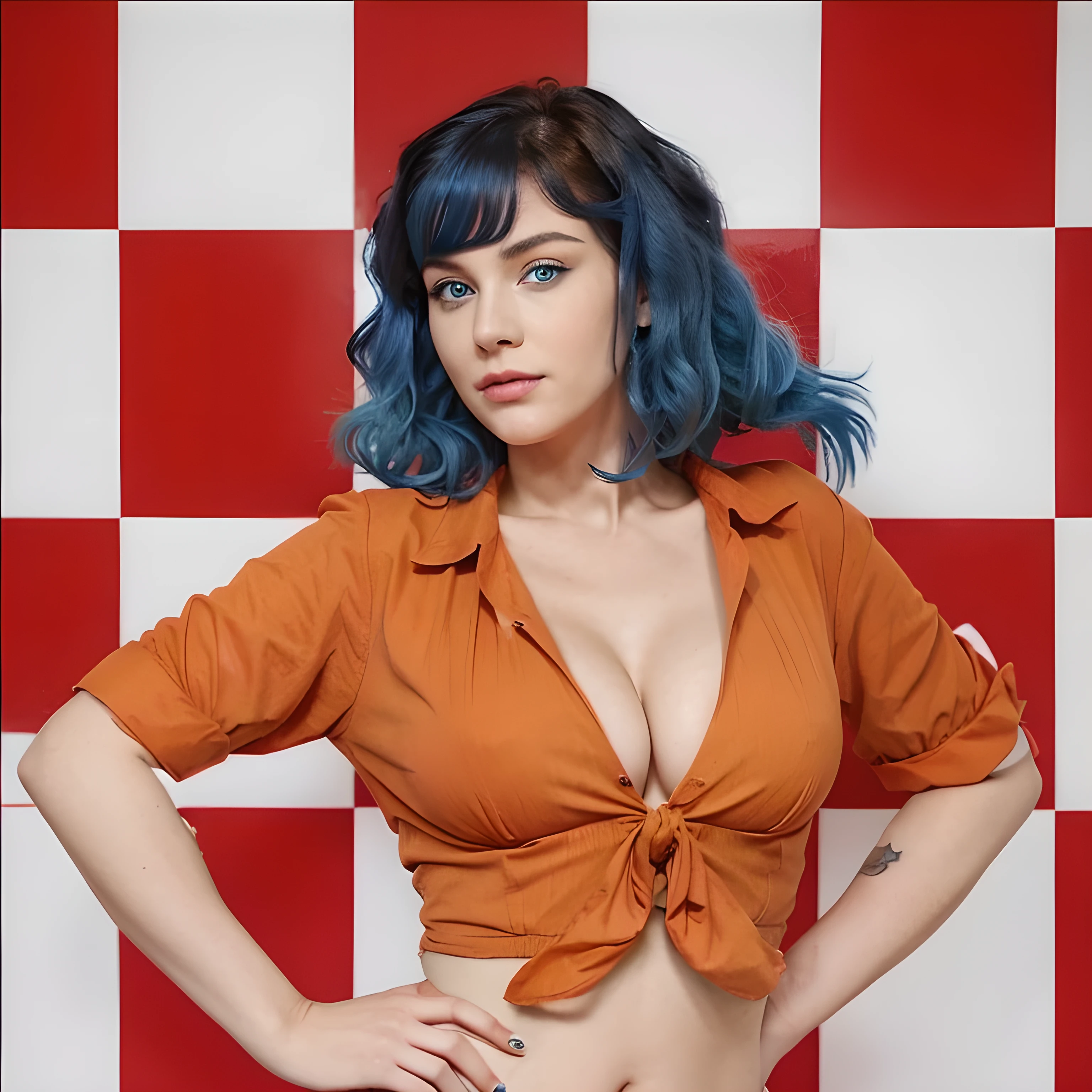 Realistic woman in a half sleeves orange shirt. She has blue hair and is posing with her hands on her hips,big cleavage, blue eyes