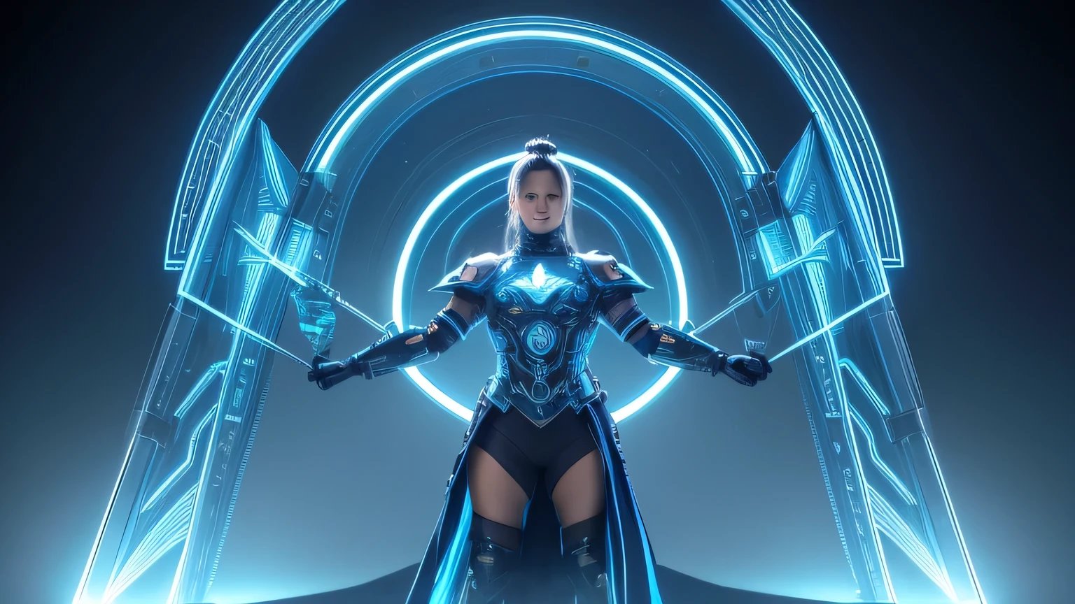 A futuristic female warrior in blue and gold attire wielding a chain weapon stands with cybernetic enhancements visible against an elaborate mechanical environment, neon accents glowing, positioned on a reflective metallic surface mirroring her stance, surrounded by advanced civilization architecture adorned with interlocking gears and circus-like patterns, bathed in blue ambient light, digital render, HDR Ultra Hyper Realistic 16k, volume, perfect composition, beautiful detailed intricate insanely detailed octane render trending on artstation, 8 k artistic photography, photorealistic concept art, soft natural volumetric cinematic perfect light, chiaroscuro, award - winning photograph, masterpiece, oil on canvas, raphael, caravaggio, greg rutkowski, beeple, beksinski, giger