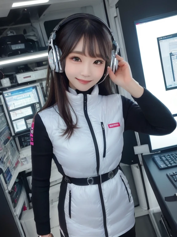 masterpiece, highest quality, Very detailed, 8K Portrait,Japanese Android Girl,plump , Control panel,Robotic arms and legs, Blunt bangs,,break (Metallic Gray, Metallic luster, Mirror finish, Astro Best):5,headphone:5,break (Black sleeves):100,Smart Watches,Futuristic space station,Control Room,break headphone,blue eyes,(Black Hair):2,(Long Hair):1.3,View the viewer,(respirator),break blush:3,Hidden Hand,smile