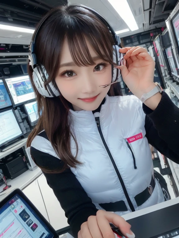 masterpiece, highest quality, Very detailed, 8K Portrait,Japanese Android Girl,plump , Control panel,Robotic arms and legs, Blunt bangs,,break (Metallic Gray, Metallic luster, Mirror finish, Astro Best):5,headphone:5,break (Black sleeves):100,Smart Watches,Futuristic space station,Control Room,break headphone,blue eyes,(Black Hair):2,(Long Hair):1.3,View the viewer,(respirator),break blush:3,Hidden Hand,smile