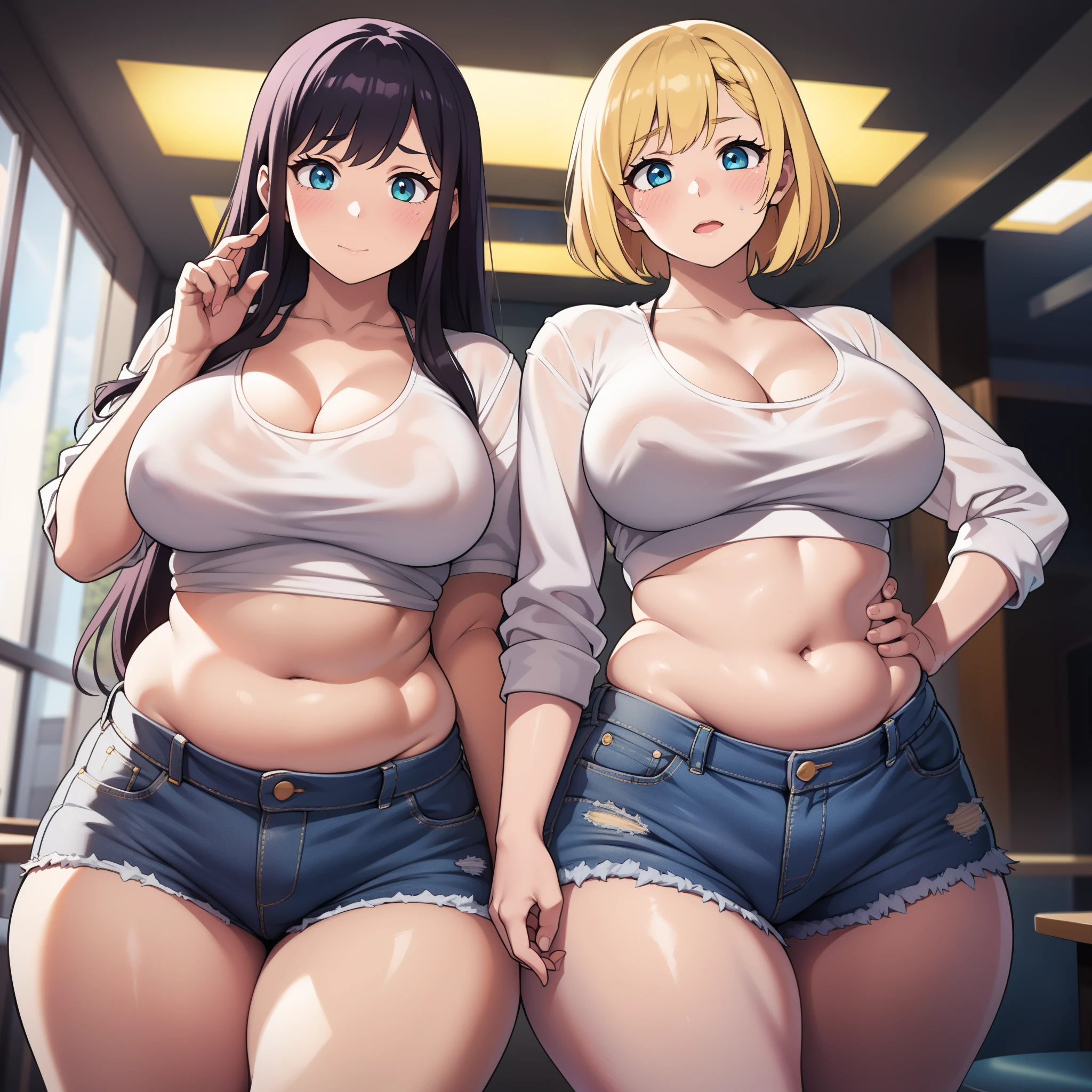 ((highres)), Masterpiece, high quality, best quality, beautiful, perfect lighting, detailed face, ultra cute face, ((2girls)), blush, one girl has blonde hair, blue eyes, crop top and shorts, one girl has brown hair, green eyes, jeans, white shirt, fast food restaurant, cleavage, medium breasts, ((wide hips)), (thick thighs), ((chubby)), chubby belly, belly grab, fat folds, standing next to each other,