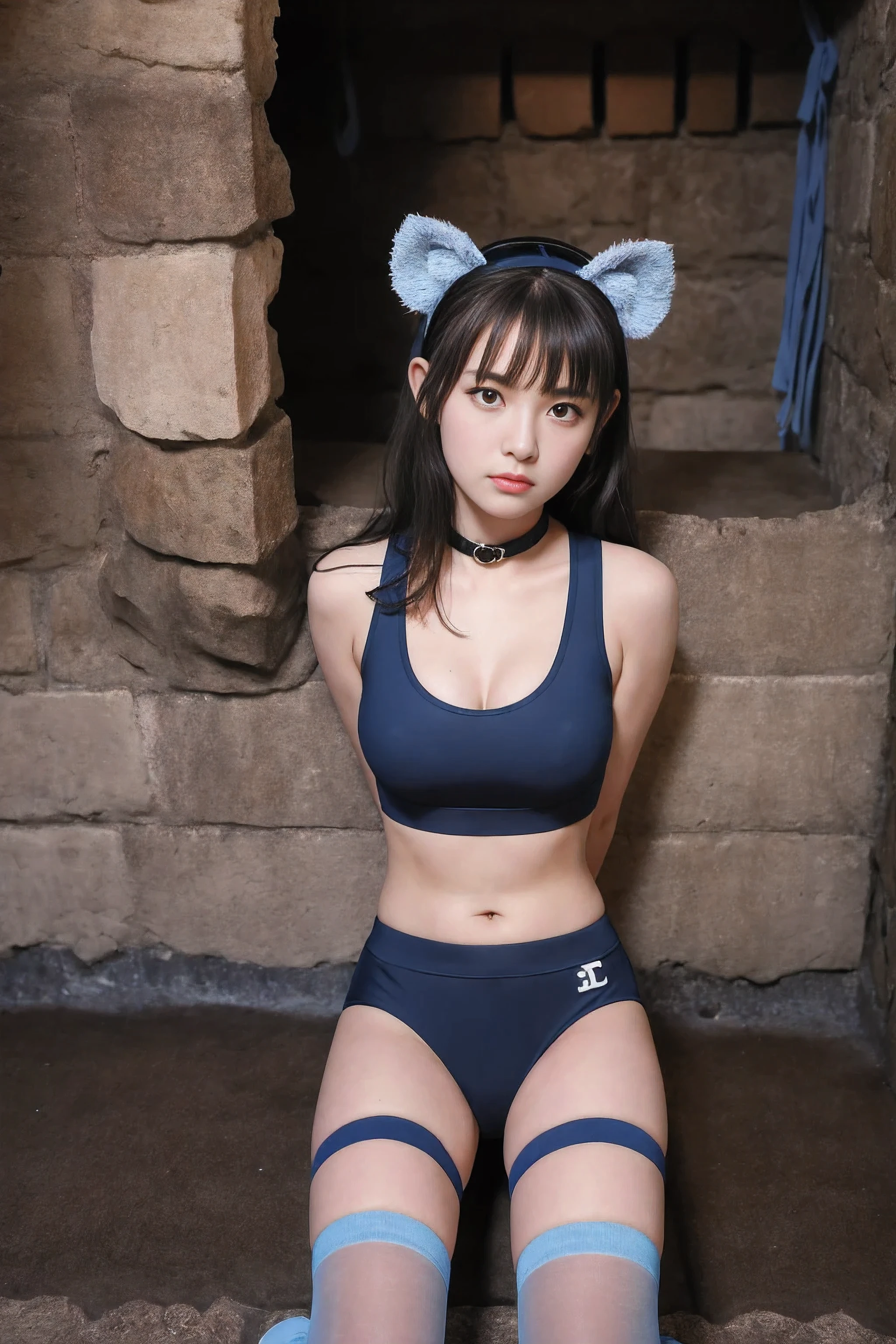 ((cowboy shot)), ((draw symmetrically)), ((breast focus)), ((Uniformity of clothing)), ((((arms behind back)))), ((Sitting in the basement of the castle, legs spread:1.6)), ((Black laser collar around neck)), (((cheerleader held in prison beneath castle))), cheerleader, 1 girl, , ((koala ears, Blue, cheerleader costume, sports bra, frilled panties, long socks)), looking at me with a sad expression