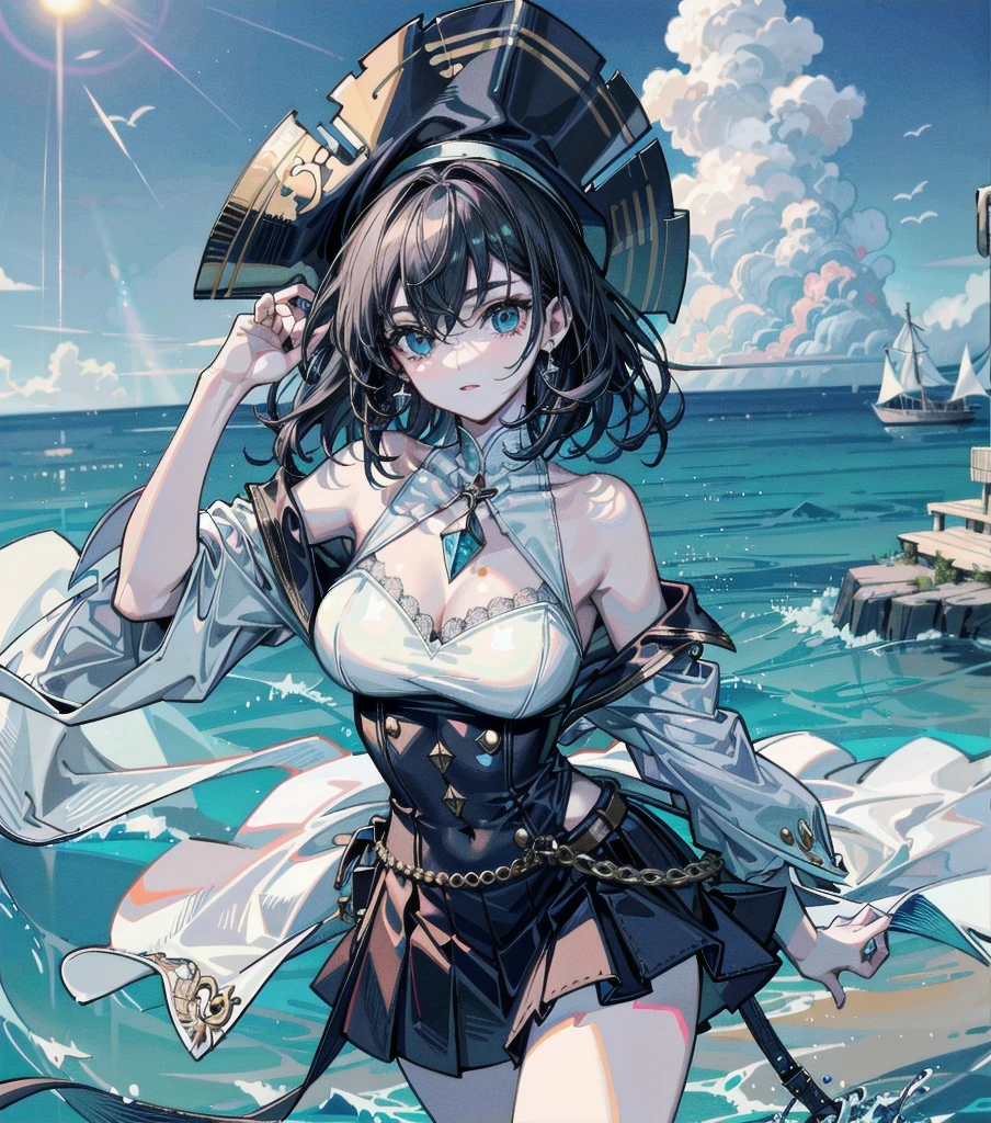 absurdres, RAW photo, extremely delicate, extremely beautiful, masterpiece, Best Quality, ultra high resolution, 32k, hyperrealistic, ultra-detailed description, perfect anatomy, pale skin, 20 years old, detailed beautiful face, detailed beautiful face eyes, tearful mole, earring, short medium hair, wavy hair, black hair, big tits, slim body, narrow waist, whole body, pirate top, short skirt, pirate hat, white shirt, a lone island in the vast ocean, pristine white sandy beaches, crystal clear turquoise waters, 
