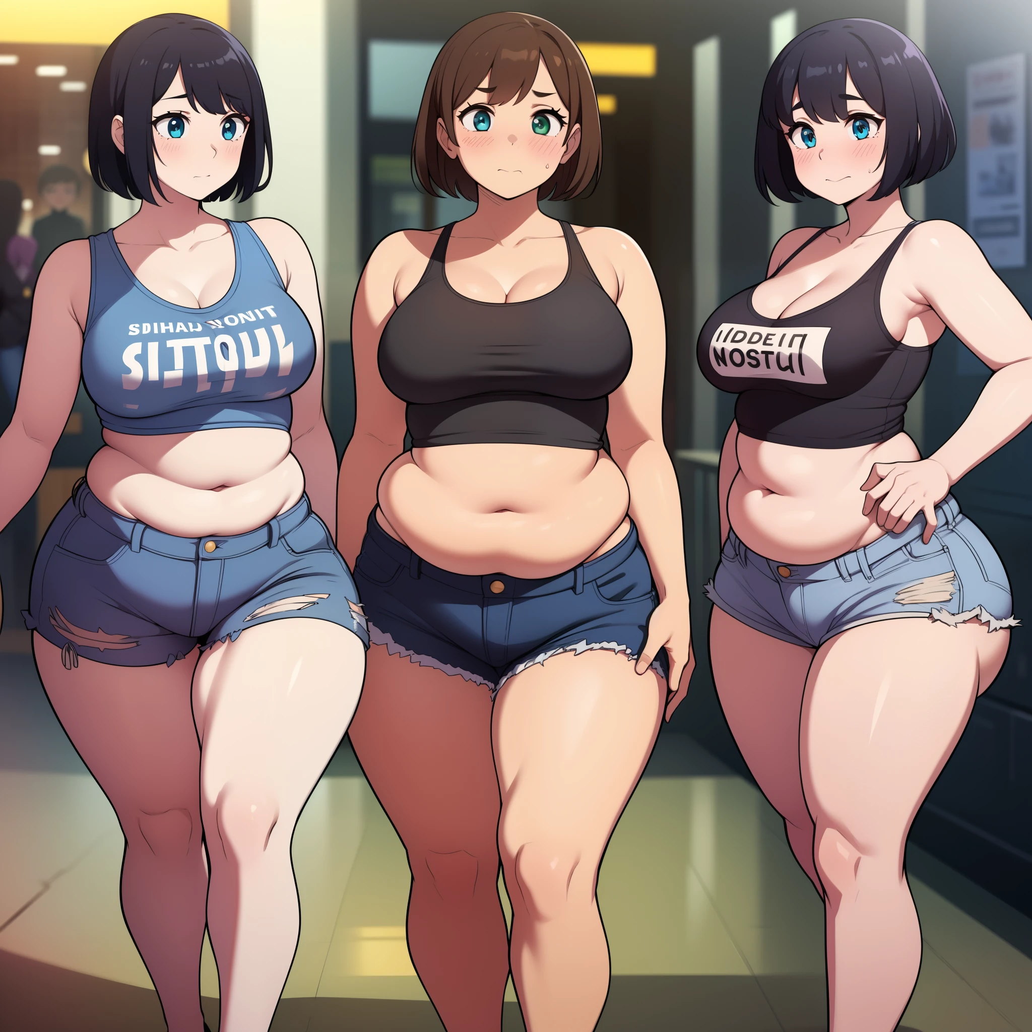 ((highres)), Masterpiece, high quality, best quality, beautiful, perfect lighting, detailed face, ultra cute face, (((3girls))), ((blush)), embarrassment, one girl has blonde hair, blue eyes, crop top and shorts, skindentation, one girl has brown hair, green eyes, jeans, white shirt, tight clothes, one girl has, Short black hair, brown eyes, crop top and shorts full body, fast food restaurant, medium breasts, ((wide hips)), ((thick thighs)), ((plump)), chubby belly, fat folds, belly hang, standing, touching each other,