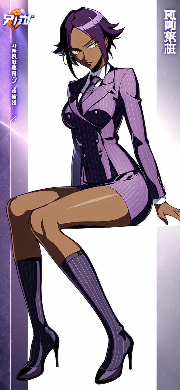  Full body Yoruichi as a thin Black business woman in a double breasted pinstripe purple  skirt suit while wearing a tie with a very long purple pinstripe skirt that covers the legs and with long black knee socks full art and make her sit down also give her thin legs and purple heels