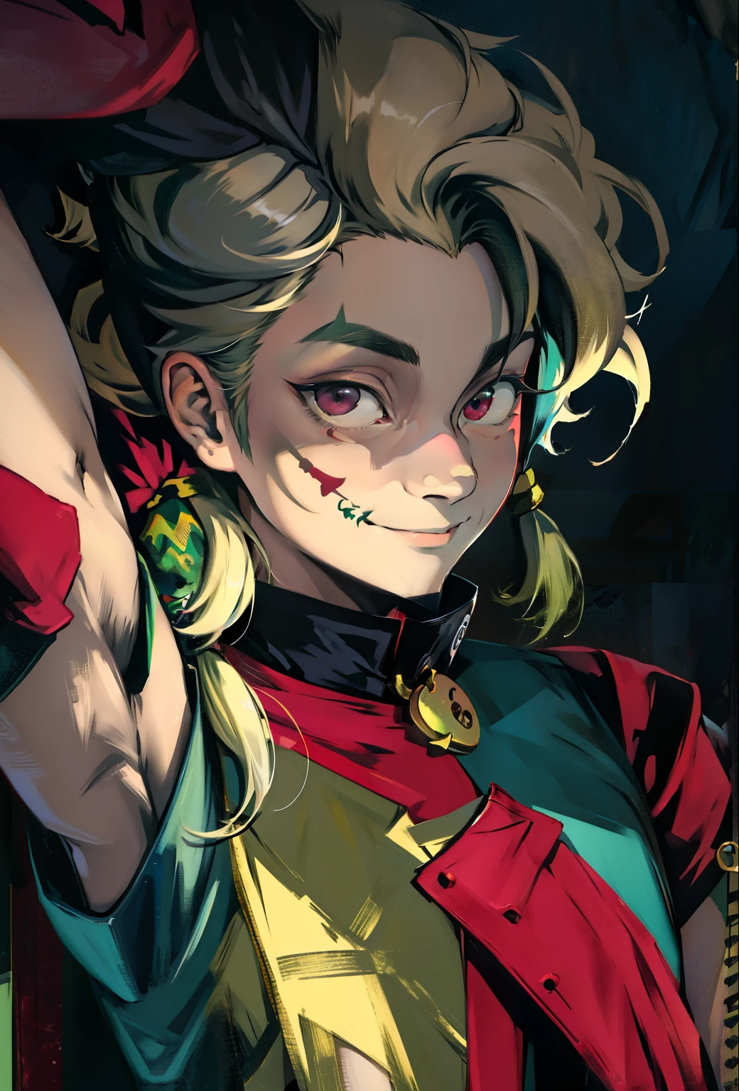 anime style, man character, jester, green jester outfit, clown, painted face, macabre smile, red boots, mysterious, the night, perfect face, well-defined face, detailed face